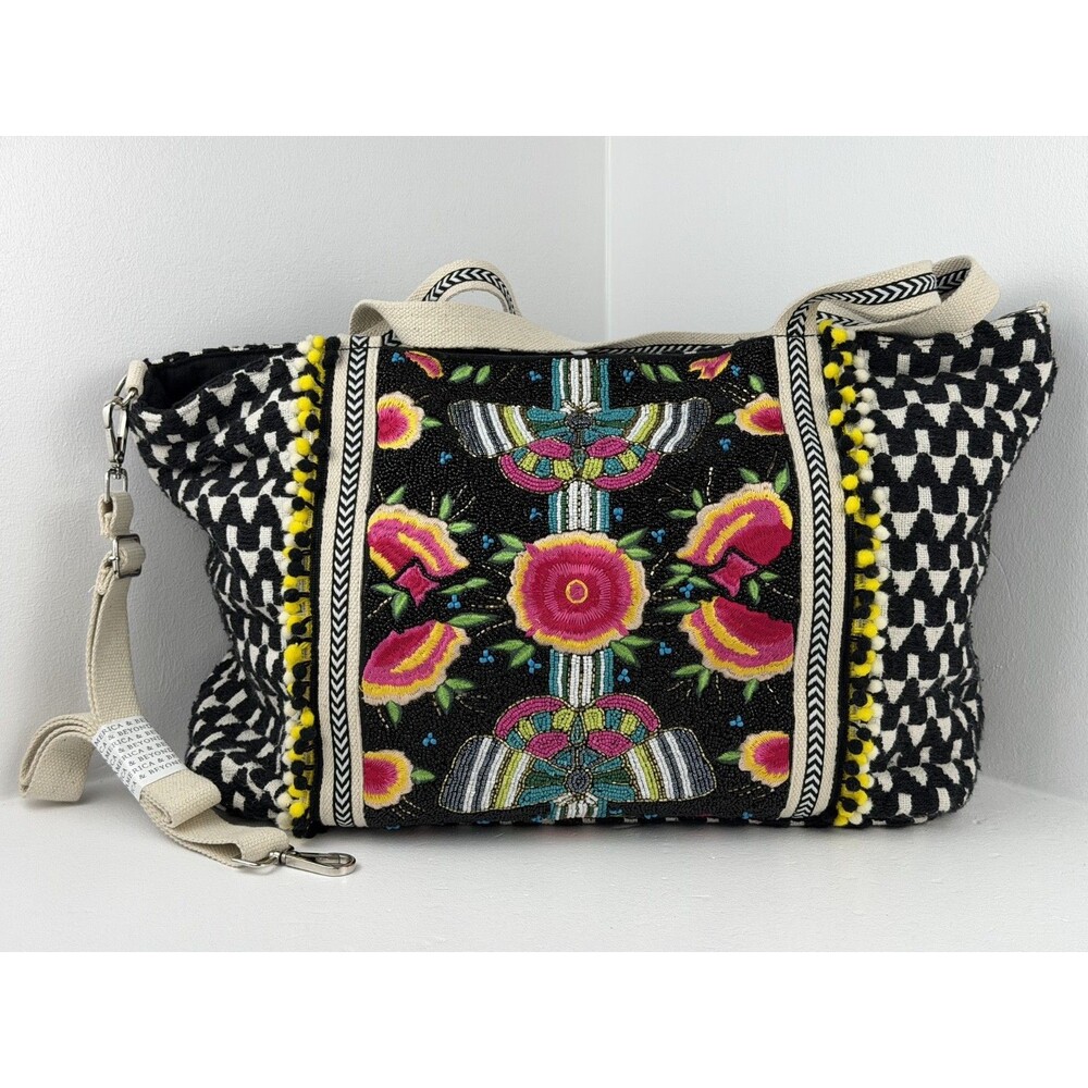America & Beyond Beaded Embroidered Floral Tote Bag Birds Pom Pom Shoulder Bag